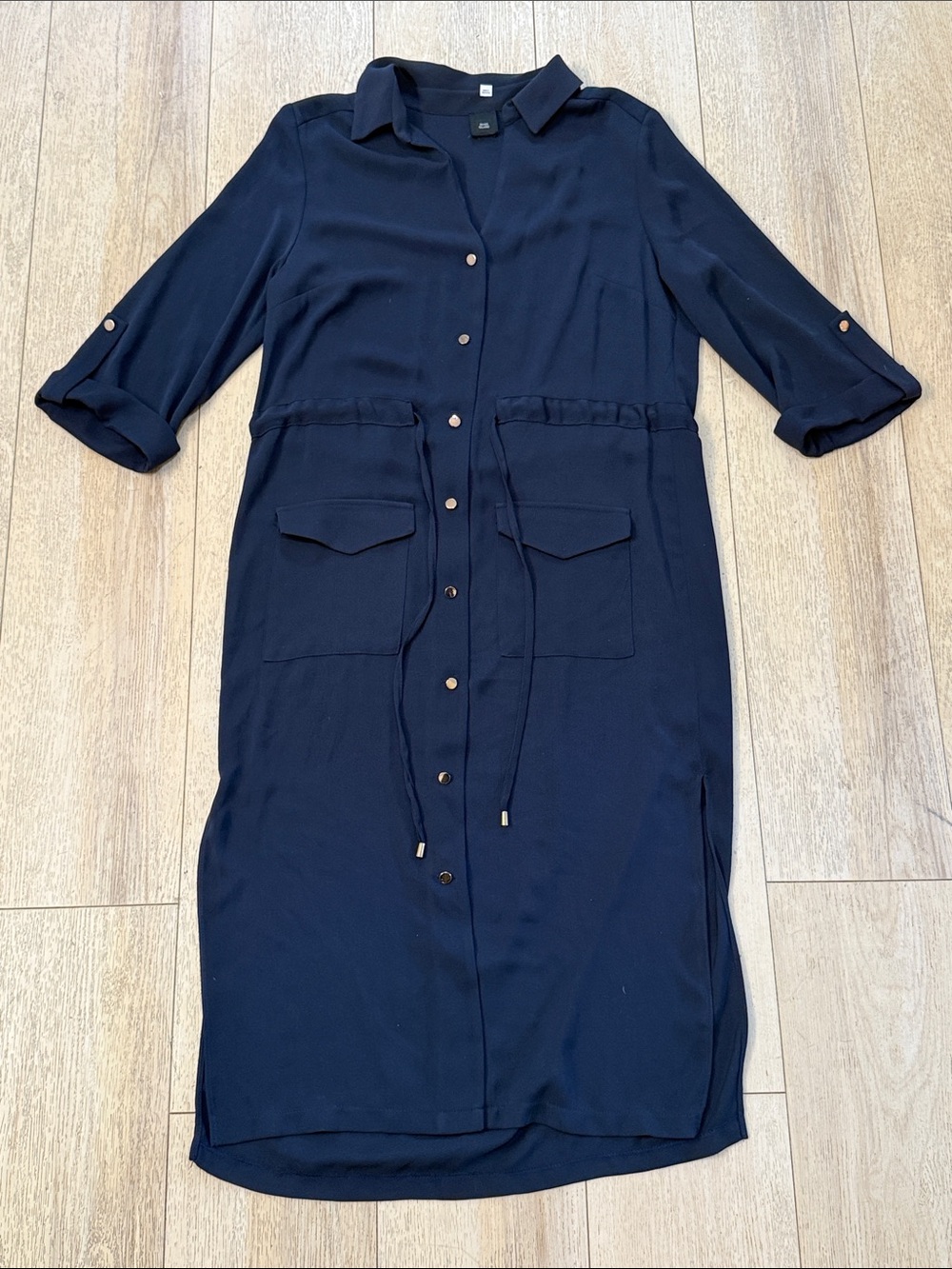 River Island Navy Button Front Shirt Dress Drawstring Waist UK 12